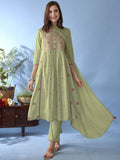Anouk Floral Embroidered Thread Work Pure Cotton Anarkali Kurta With Trousers & Dupatta