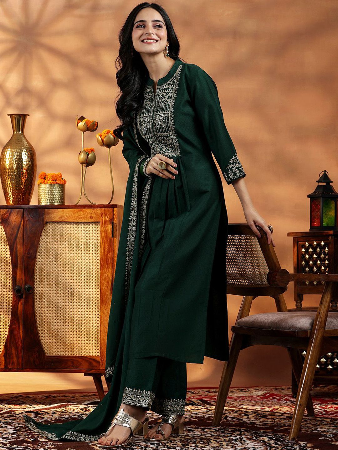 Libas Floral Yoke Design Pleated Sequinned Dobby A-Line Kurta With Palazzo & Dupatta