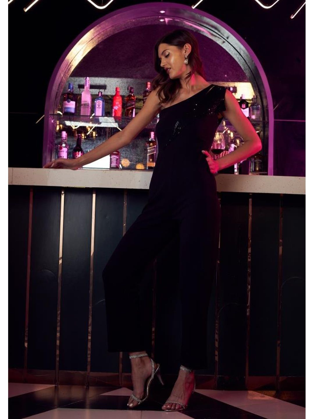 Athena Black One Shoulder Basic Jumpsuit with Embellished