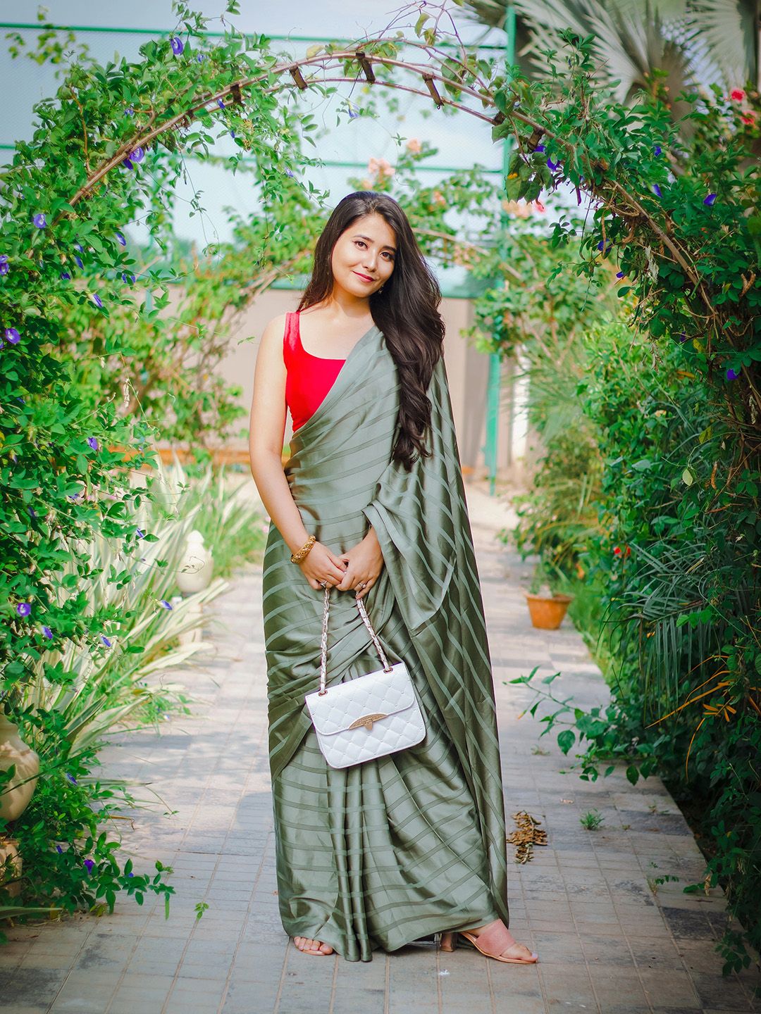 Saree mall Olive Green Satin Striped Saree