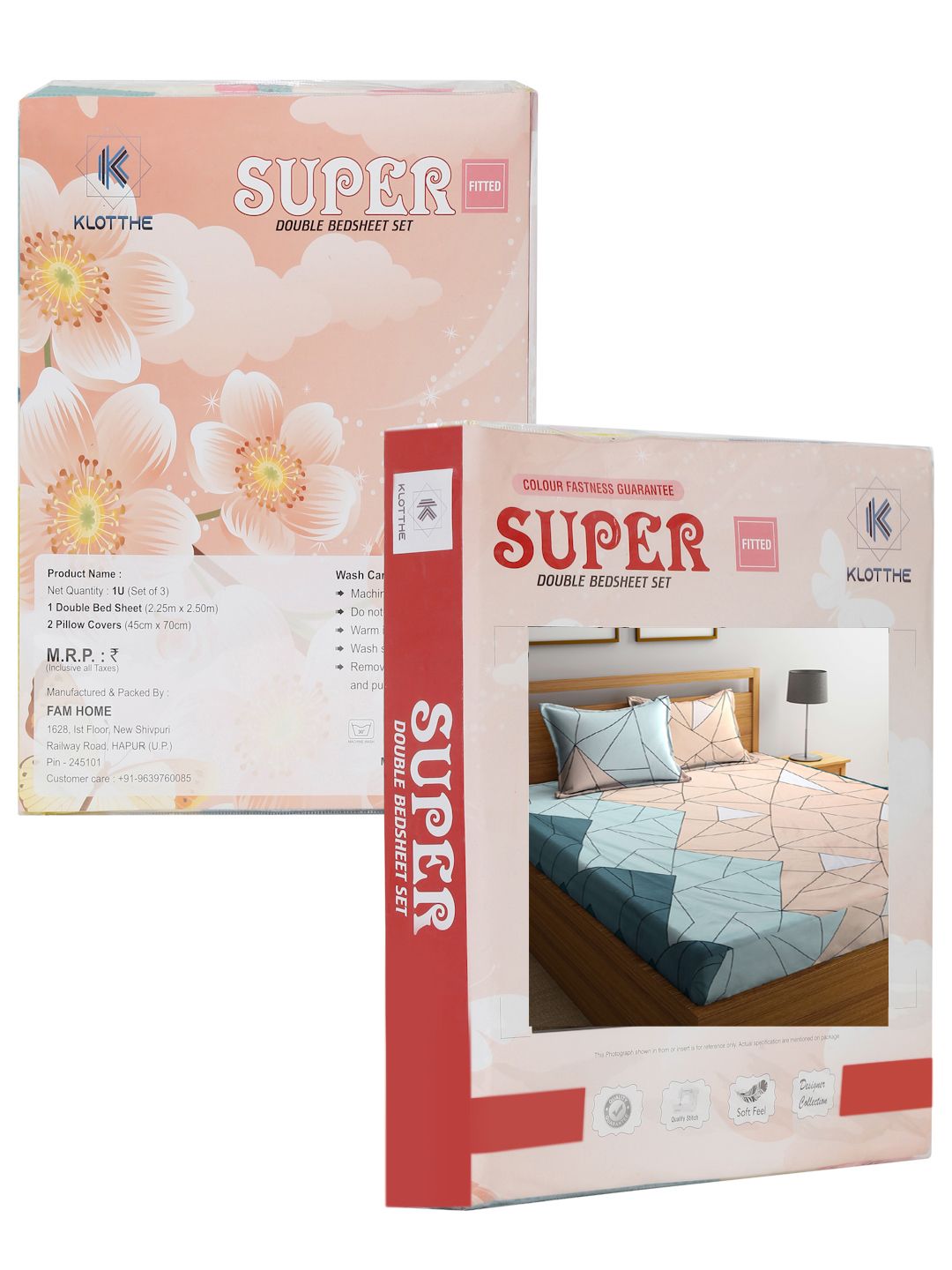 KLOTTHE Geometric Printed 300 TC Fitted Double Bed Sheet with 2 Pillow Covers