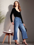 all about you Women Wide Leg Light Fade Stretchable Pleated Cropped Jeans