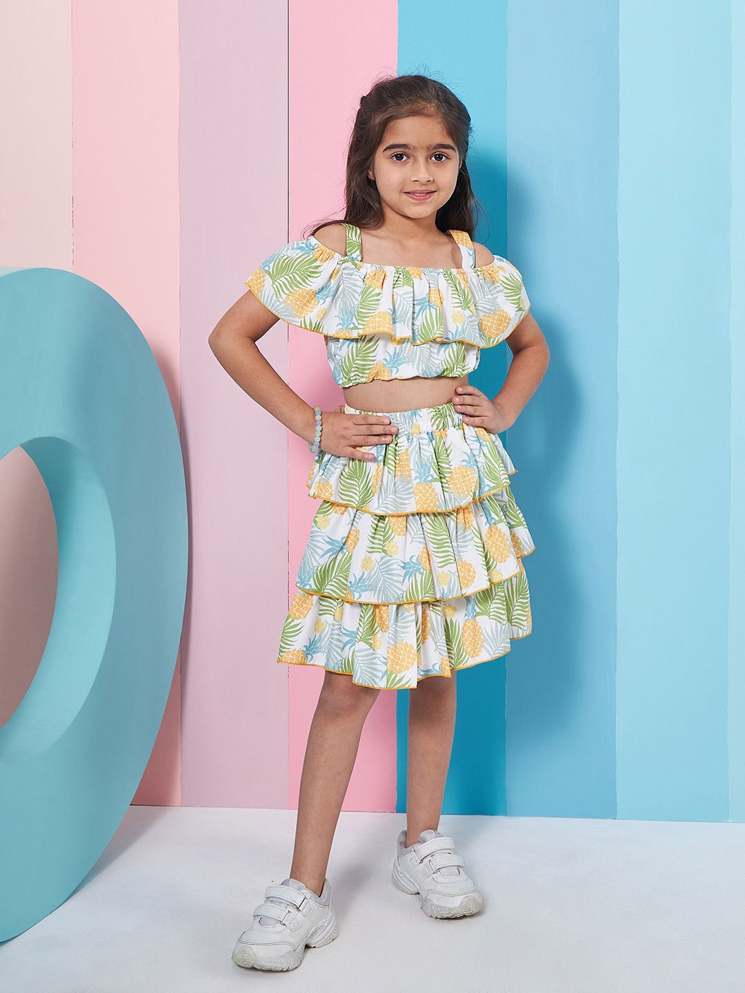 pspeaches Girls Tropical Printed Crop Top With Layered Skirt