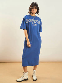 SASSAFRAS Blue Typographic Printed Pure Cotton Oversized T-shirt Dress