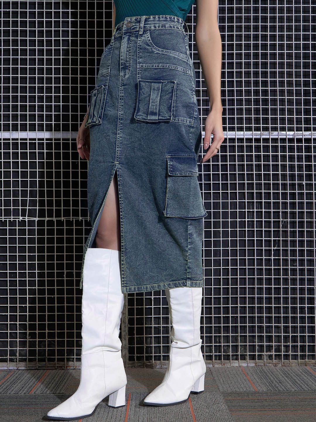 SASSAFRAS Green Washed Cargo Pencil Midi Denim Skirt