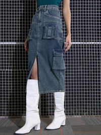 SASSAFRAS Green Washed Cargo Pencil Midi Denim Skirt