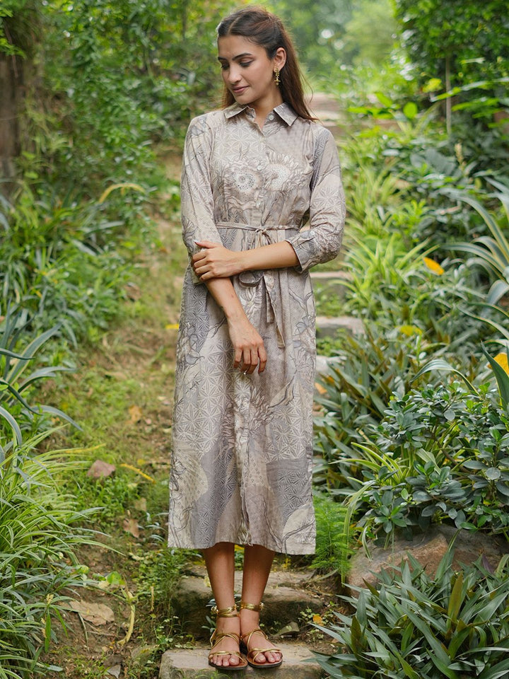 Libas Floral Printed Linen Shirt Collar A-Line Dress