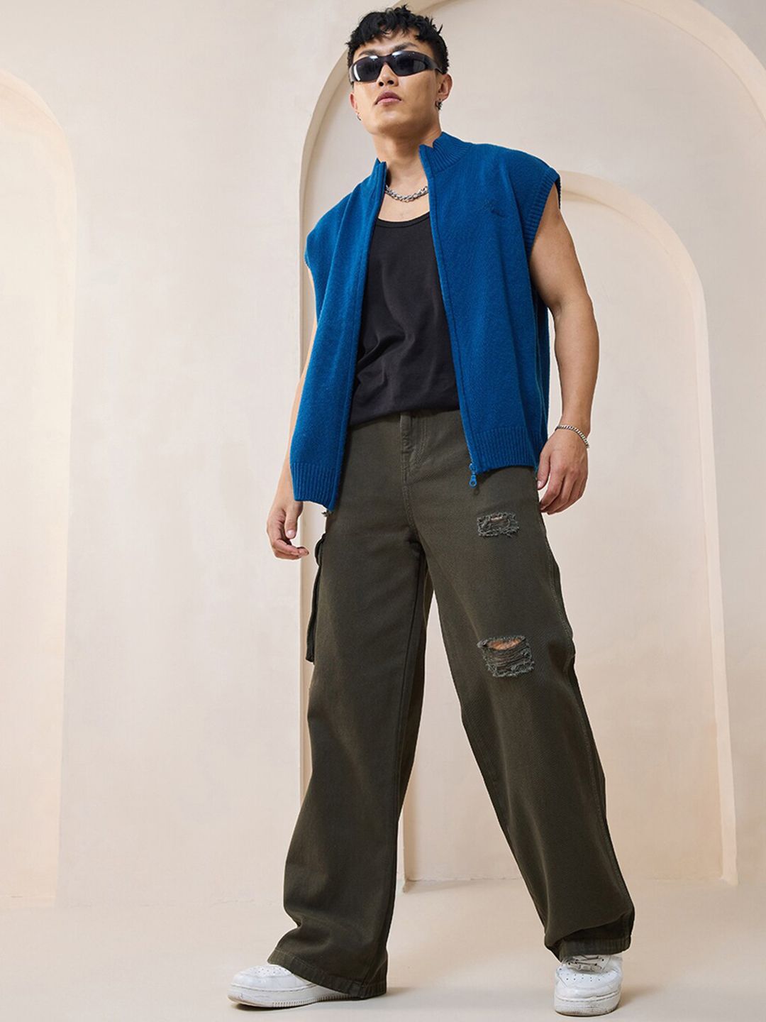 Bewakoof Men Straight Fit High-Rise Distressed Organic Cotton Baggy Jeans