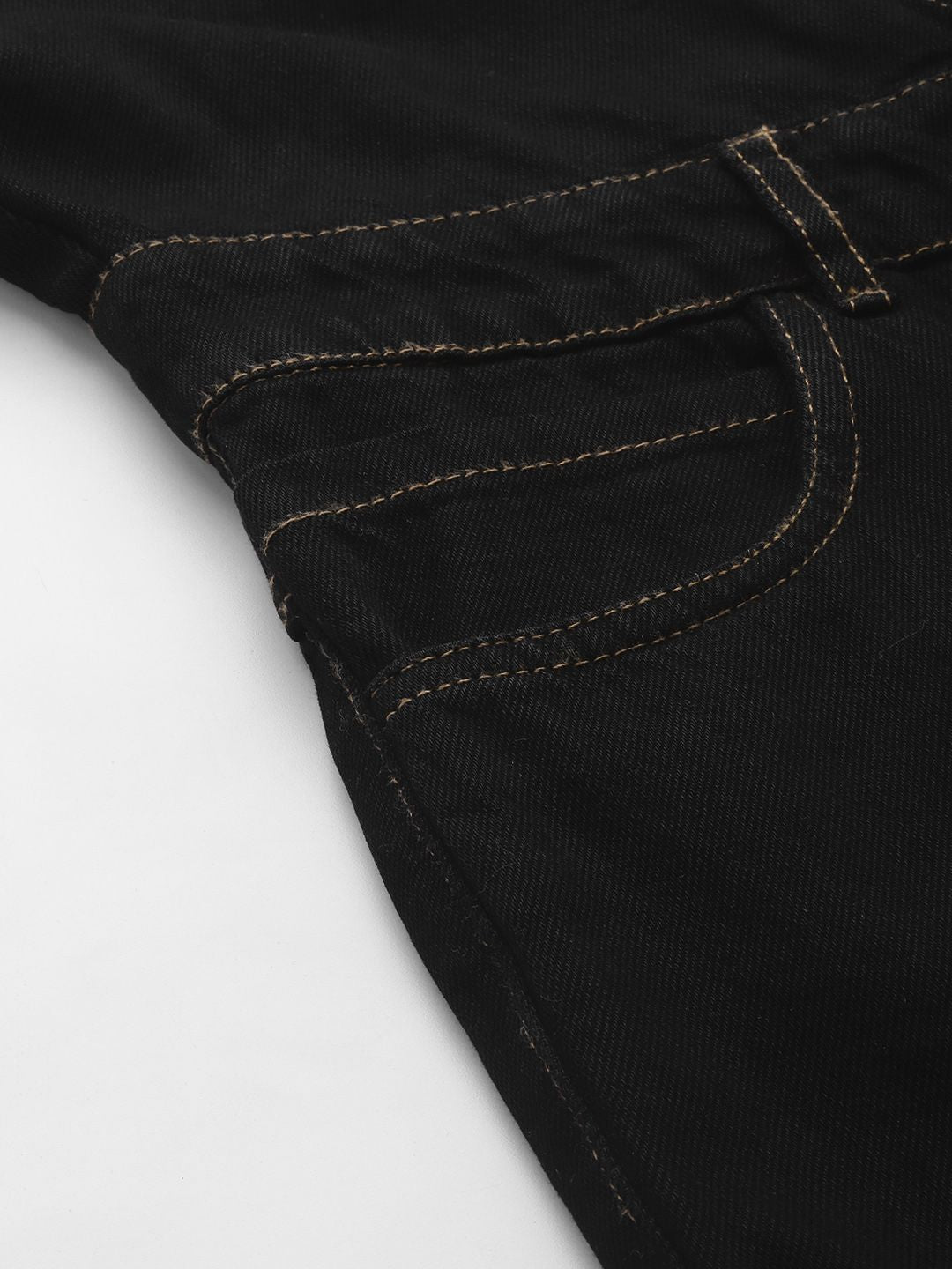 SASSAFRAS Black Deep V-Neck Cotton Denim Flared Leg Jumpsuit