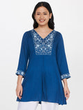 Global Desi Blue & White Viscose Rayon Embroidered Tunic