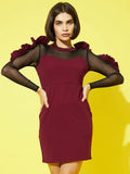 Athena Women Burgundy & Black Bodycon Mock Neck Mini Dress