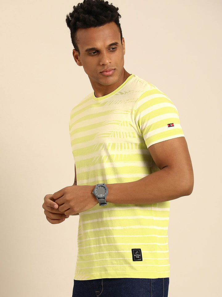Being Human Men Lime Green & Off White Striped Pure Cotton T-shirt