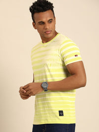 Being Human Men Lime Green & Off White Striped Pure Cotton T-shirt
