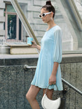 AND Blue Solid Gathered A-Line Dress