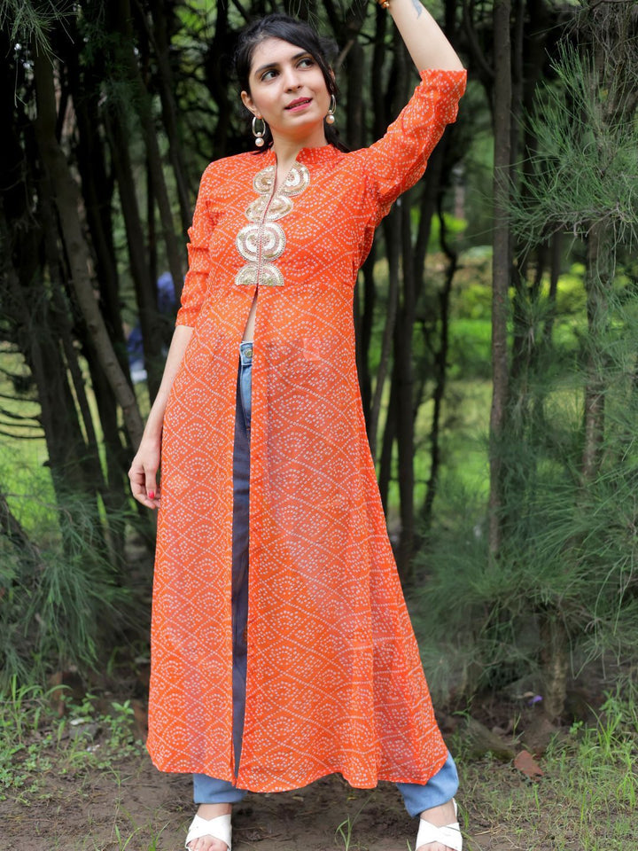 KALINI Georgette Mandarin Collar Bandhani Printed Embroidery A Line Kurta