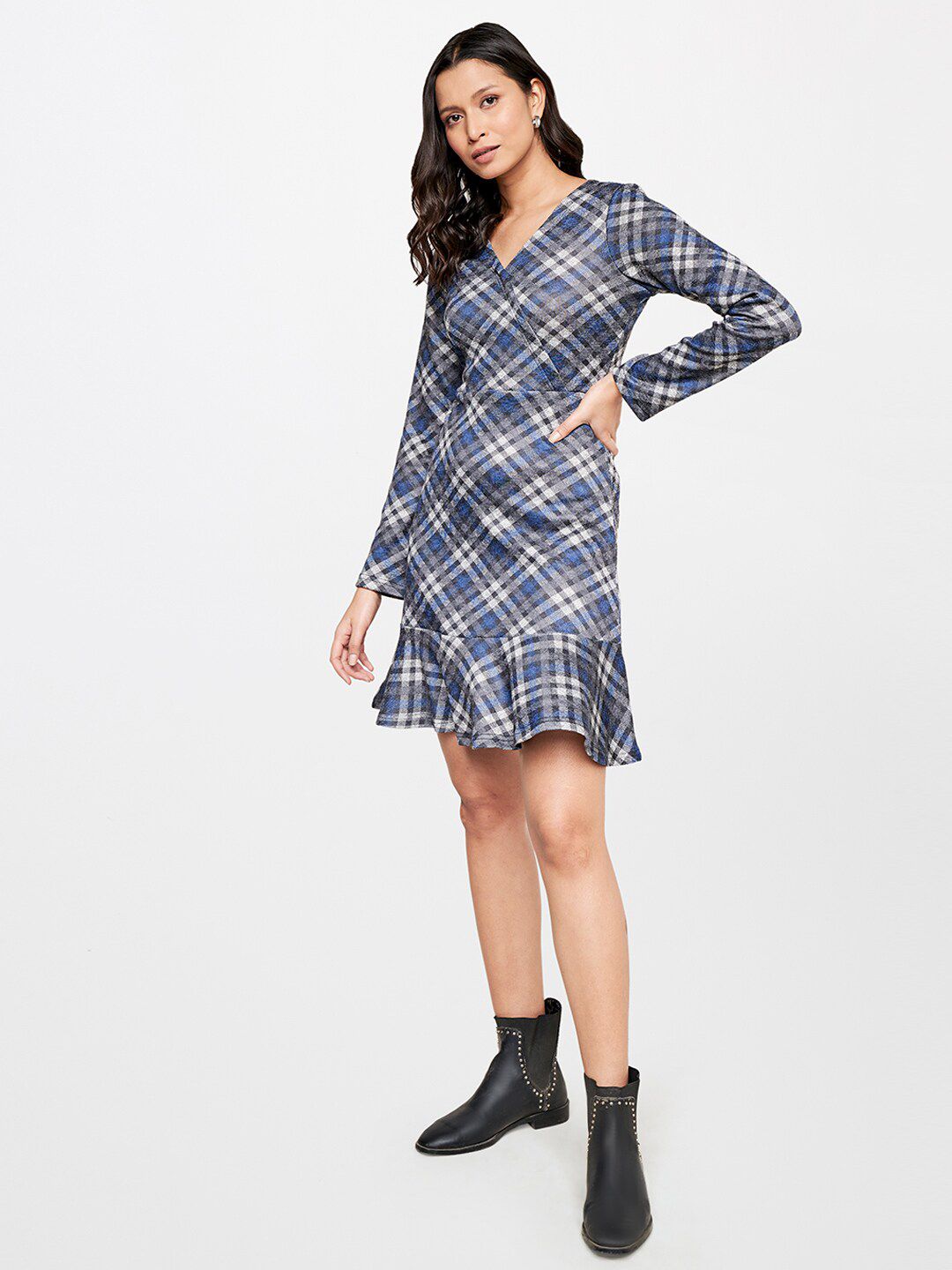 AND Checked V-Neck A-Line Dress