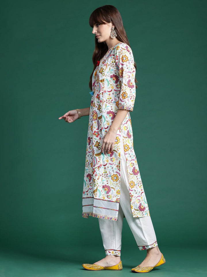 Indo Era Floral Printed Sequinned Pure Cotton Kurta With Trousers & Dupatta