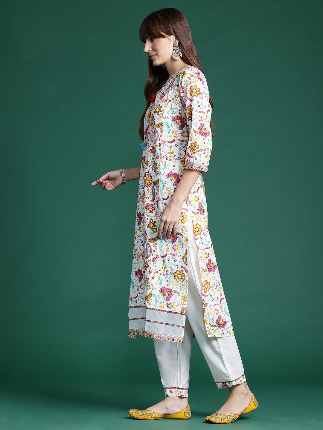 Indo Era Floral Printed Sequinned Pure Cotton Kurta With Trousers & Dupatta