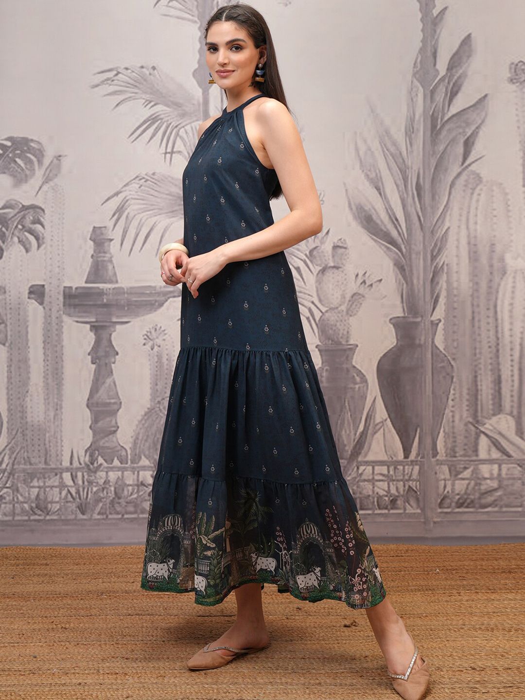 Vishudh Navy Blue Floral Print Tie-Up Neck Gathered Maxi Dress