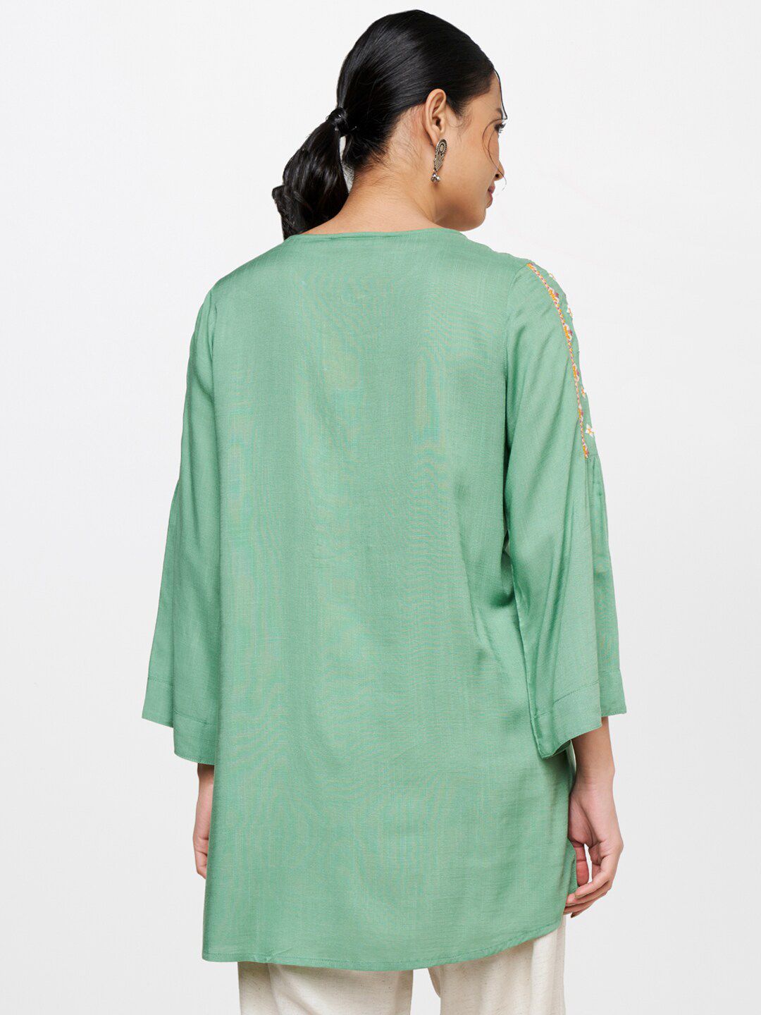 Global Desi Green & Yellow Embroidered Tunic