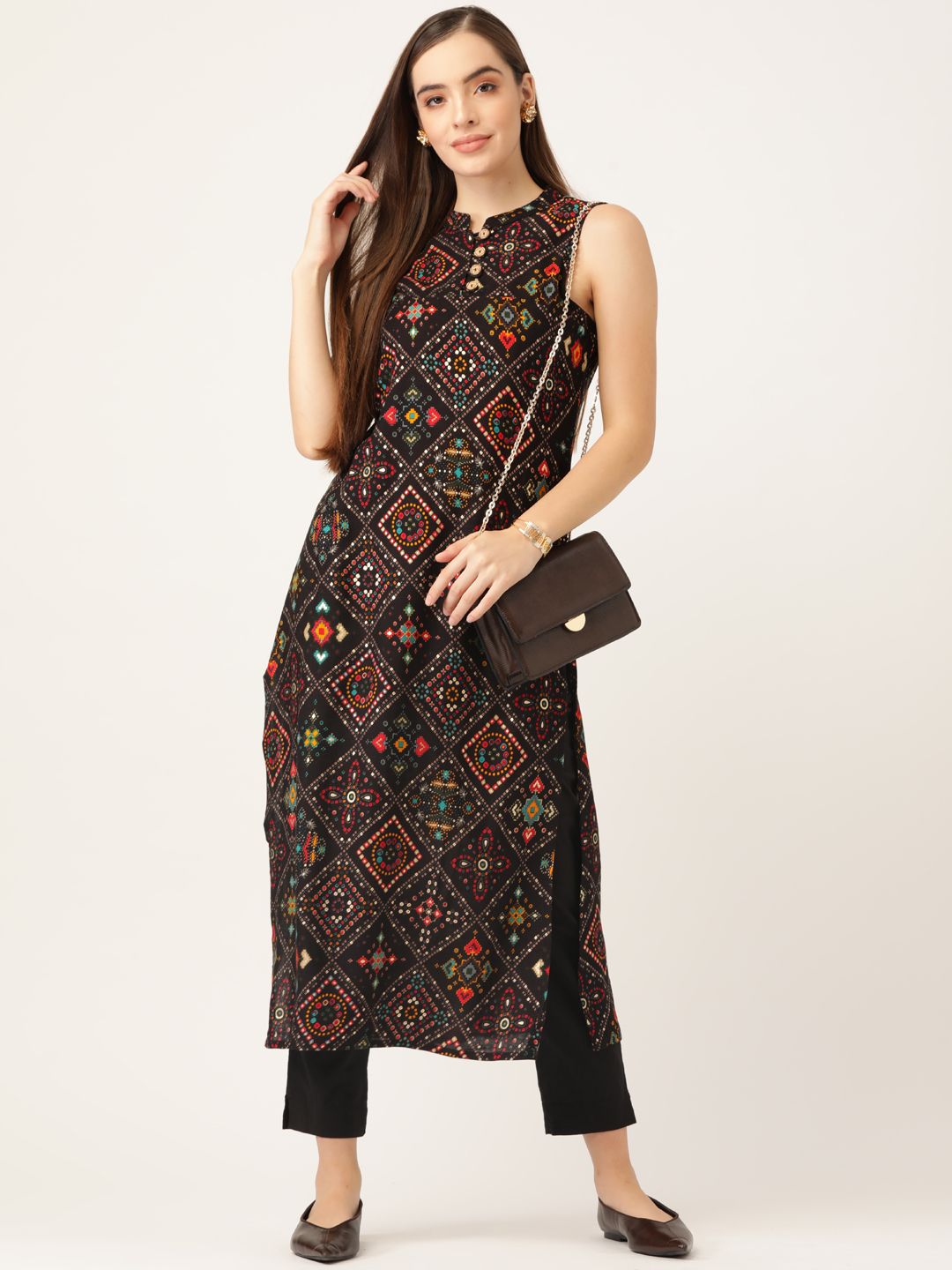 Anouk Women Black & Orange Bandhani Printed Kurta