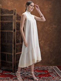 Vishudh Women Solid High Neck Ruffles A-Line Dress