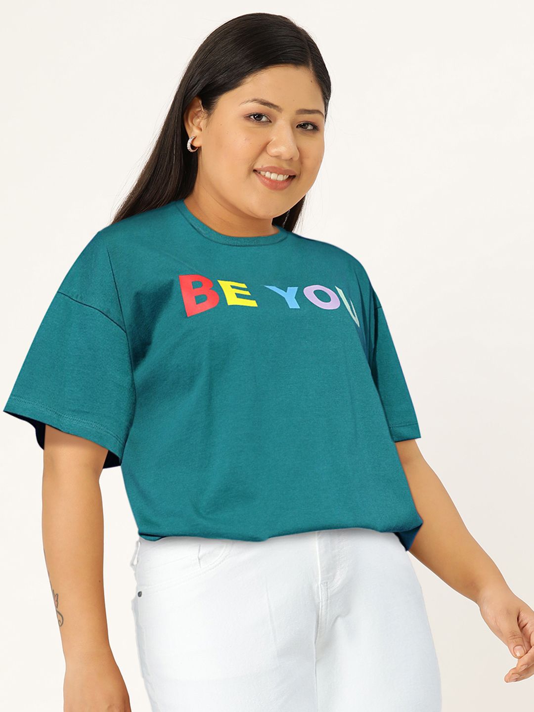 STREET 9 Women Green Typography Drop-Shoulder Pure Cotton T-shirt