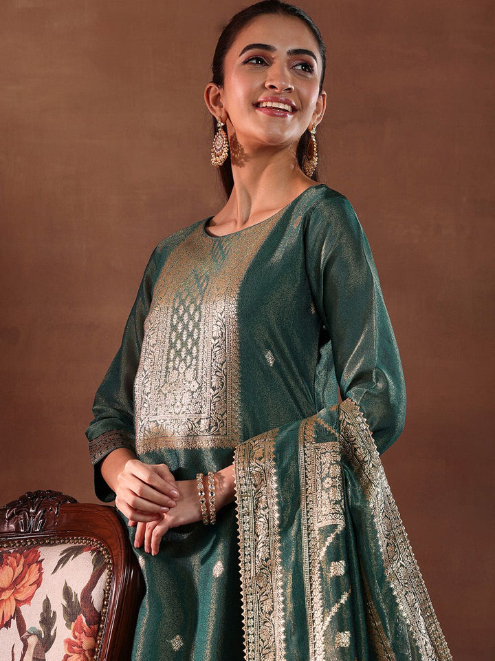 Libas Green and Gold Ethnic Motifs Woven Design Straight Kurta with Trouser & Dupatta