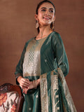 Libas Green and Gold Ethnic Motifs Woven Design Straight Kurta with Trouser & Dupatta