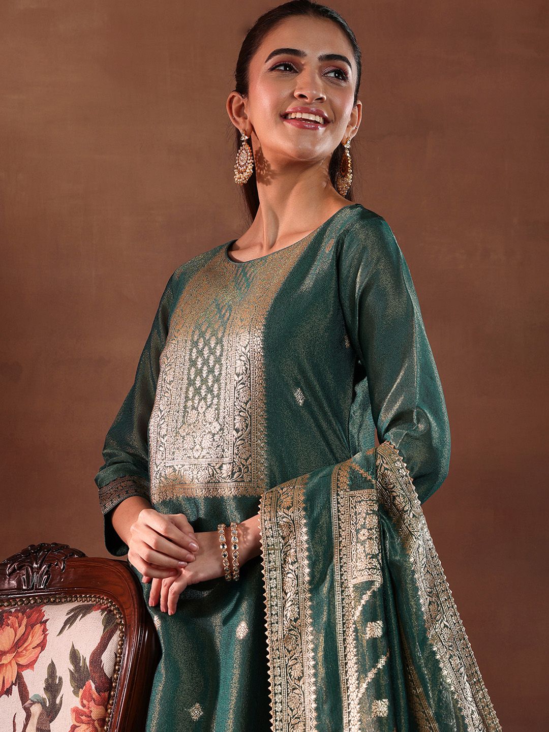 Libas Green and Gold Ethnic Motifs Woven Design Straight Kurta with Trouser & Dupatta