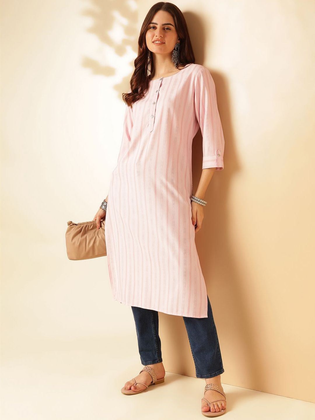 Anouk Pink Striped Self Design Round Neck Regular Straight Kurta
