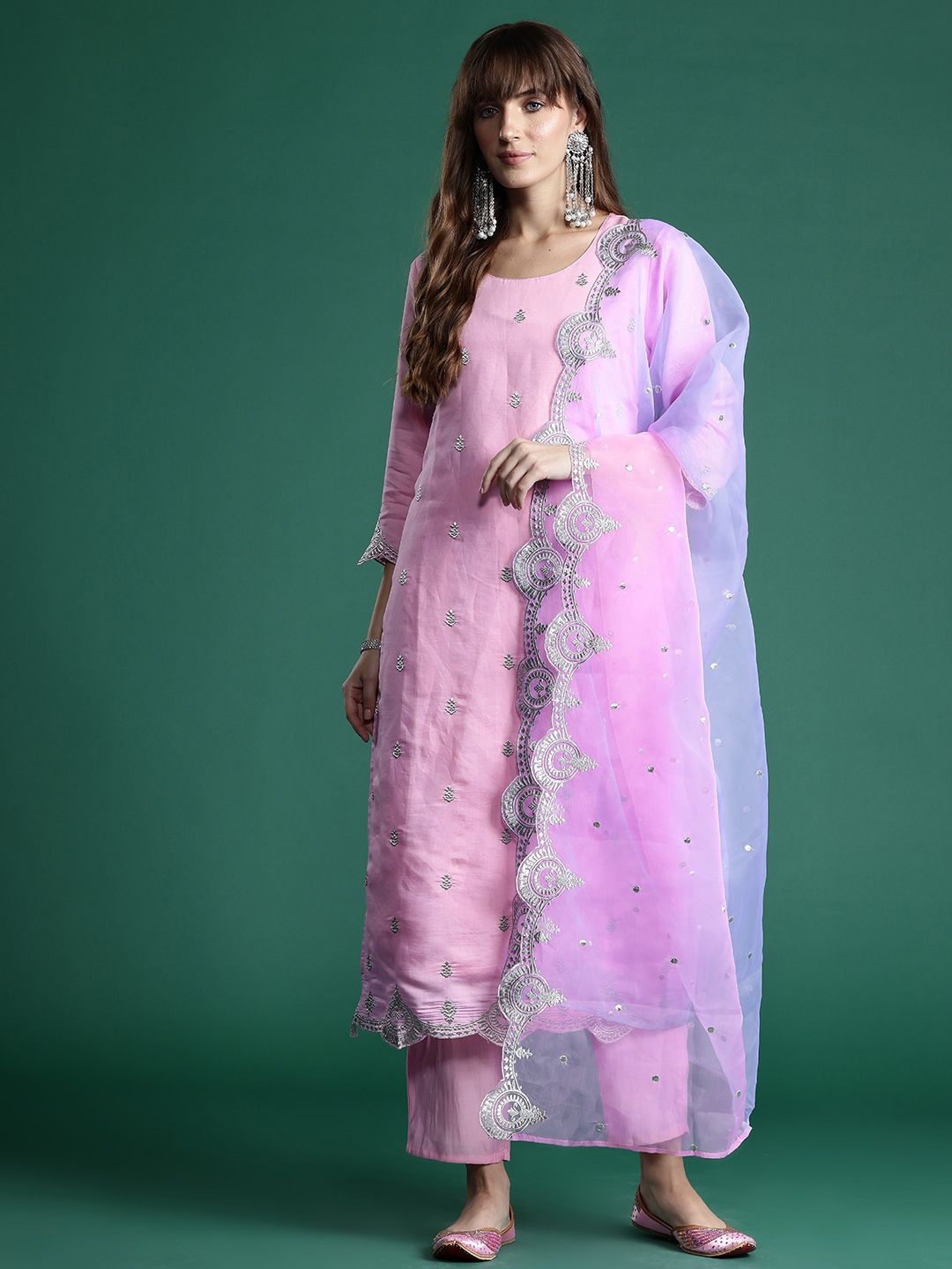 Indo Era Ethnic Motifs Zari Embroidered Kurta With Trousers & Dupatta