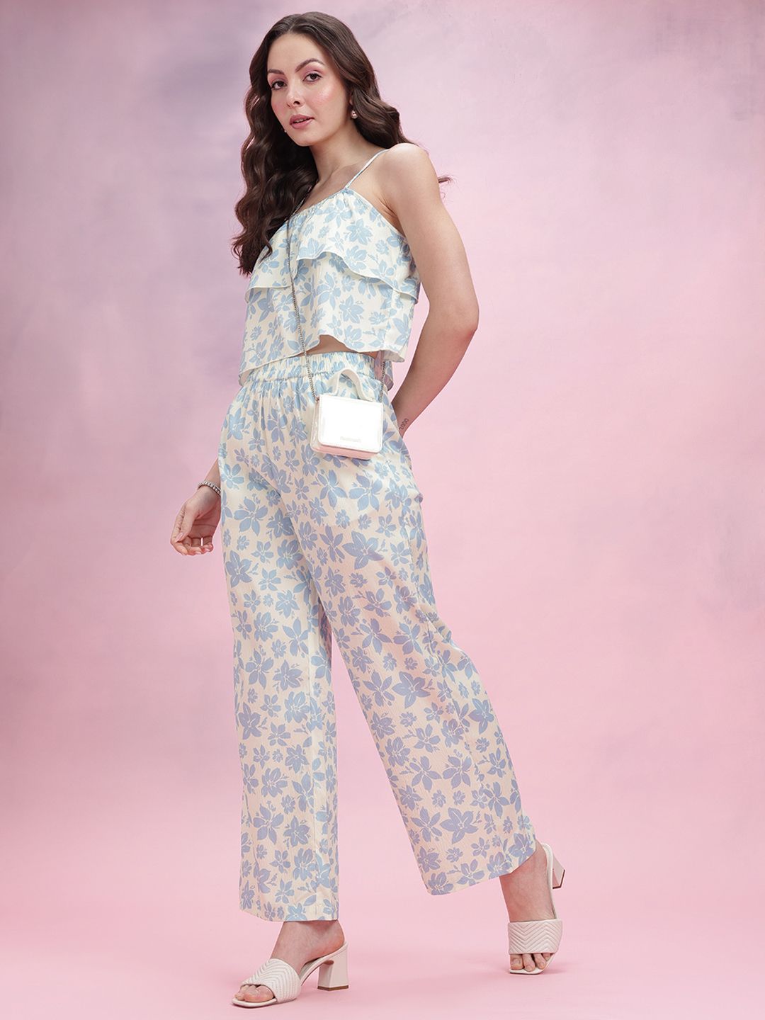 DressBerry Printed Ruffle Detail Sleeveless Top With Trousers Co-Ord Set