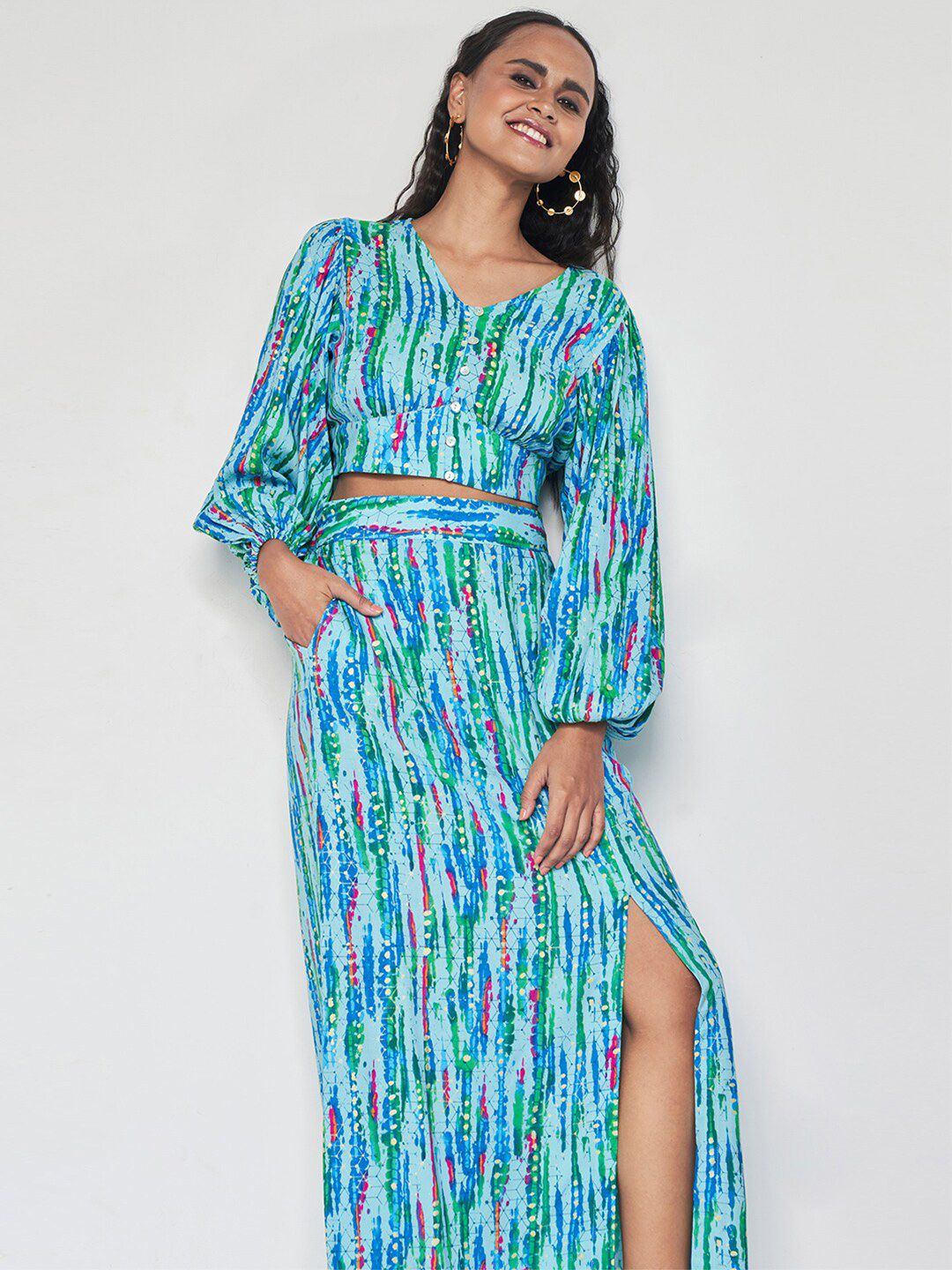 Global Desi Geometric Printed Crop Top With Maxi Skirt