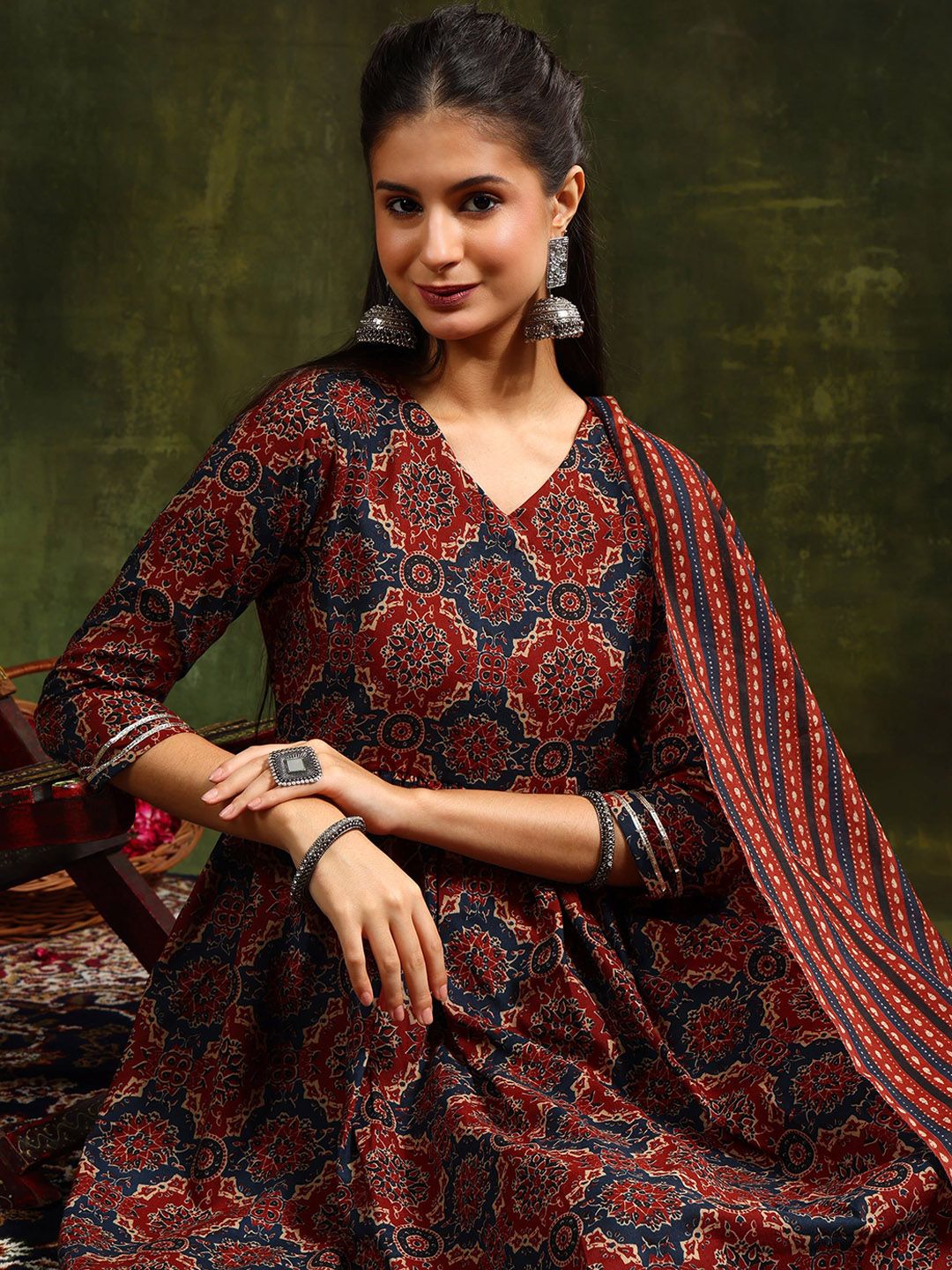 KALINI Ethnic Motifs Printed Anarkali Kurta With Trousers & Dupatta