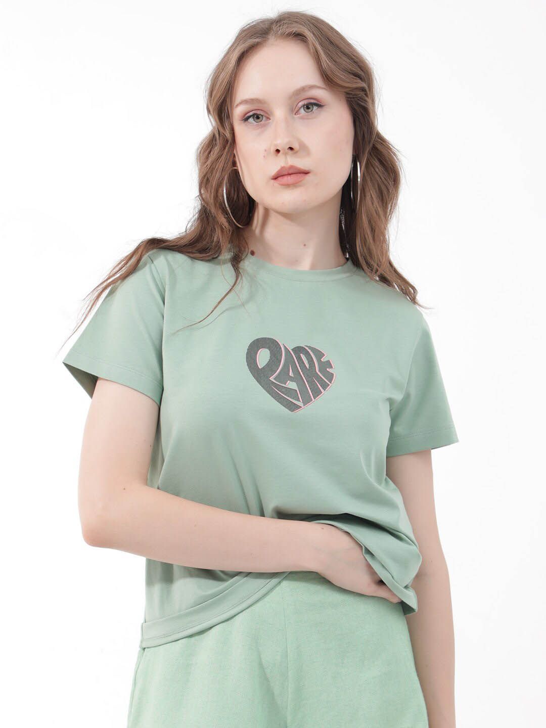 RAREISM Ciara Typography Printed Round Neck Cotton Casual T-shirt