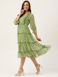 Antheaa Green & White Chiffon Geometric Print Tiered Dress