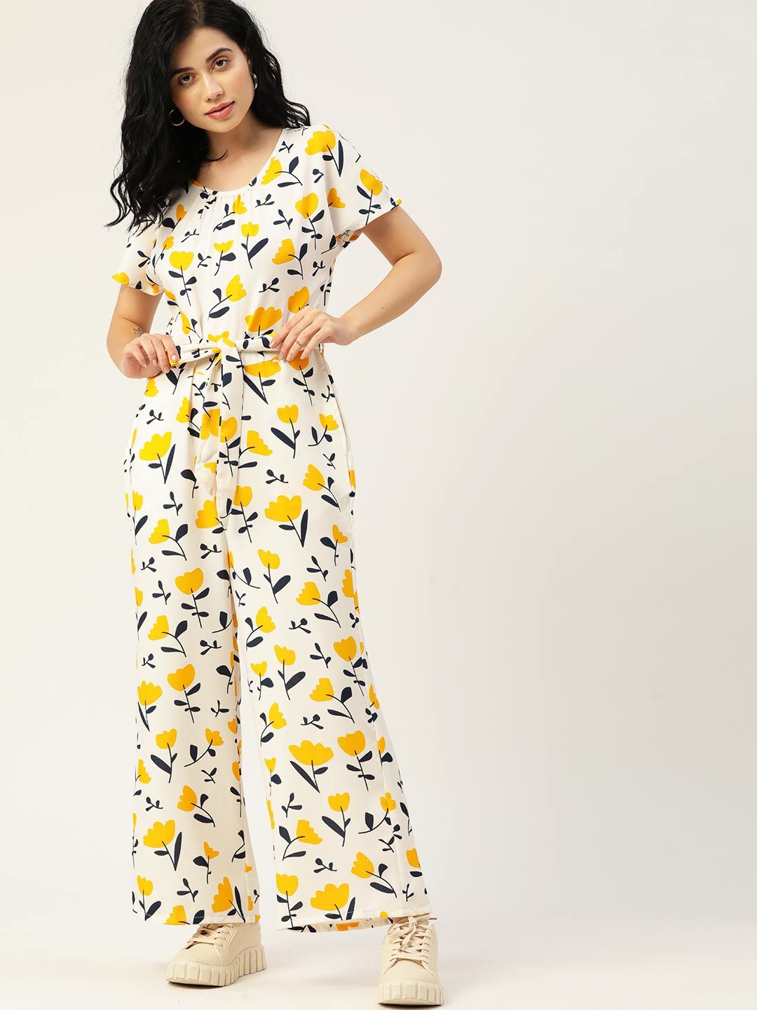 DressBerry Women White & Yellow Floral Printed Basic Jumpsuit