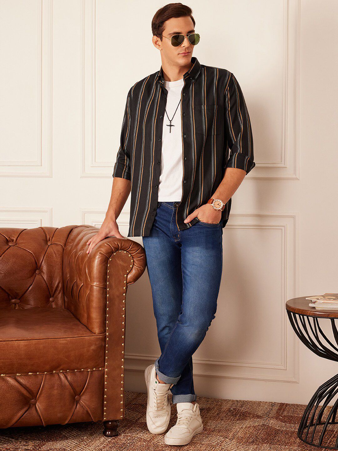 DENNISON Baju Kasual Kolar Berkolar Berjalur Pintar