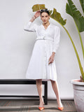 SASSAFRAS White Puff Sleeve Belted Shirt Style Midi Dress