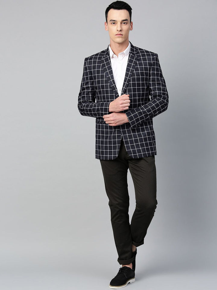 MANQ Men Navy Blue & White Checked Slim Fit Single Breasted Party Blazer