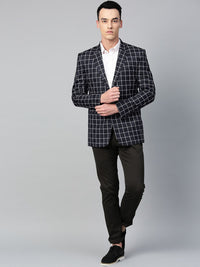 MANQ Men Navy Blue & White Checked Slim Fit Single Breasted Party Blazer