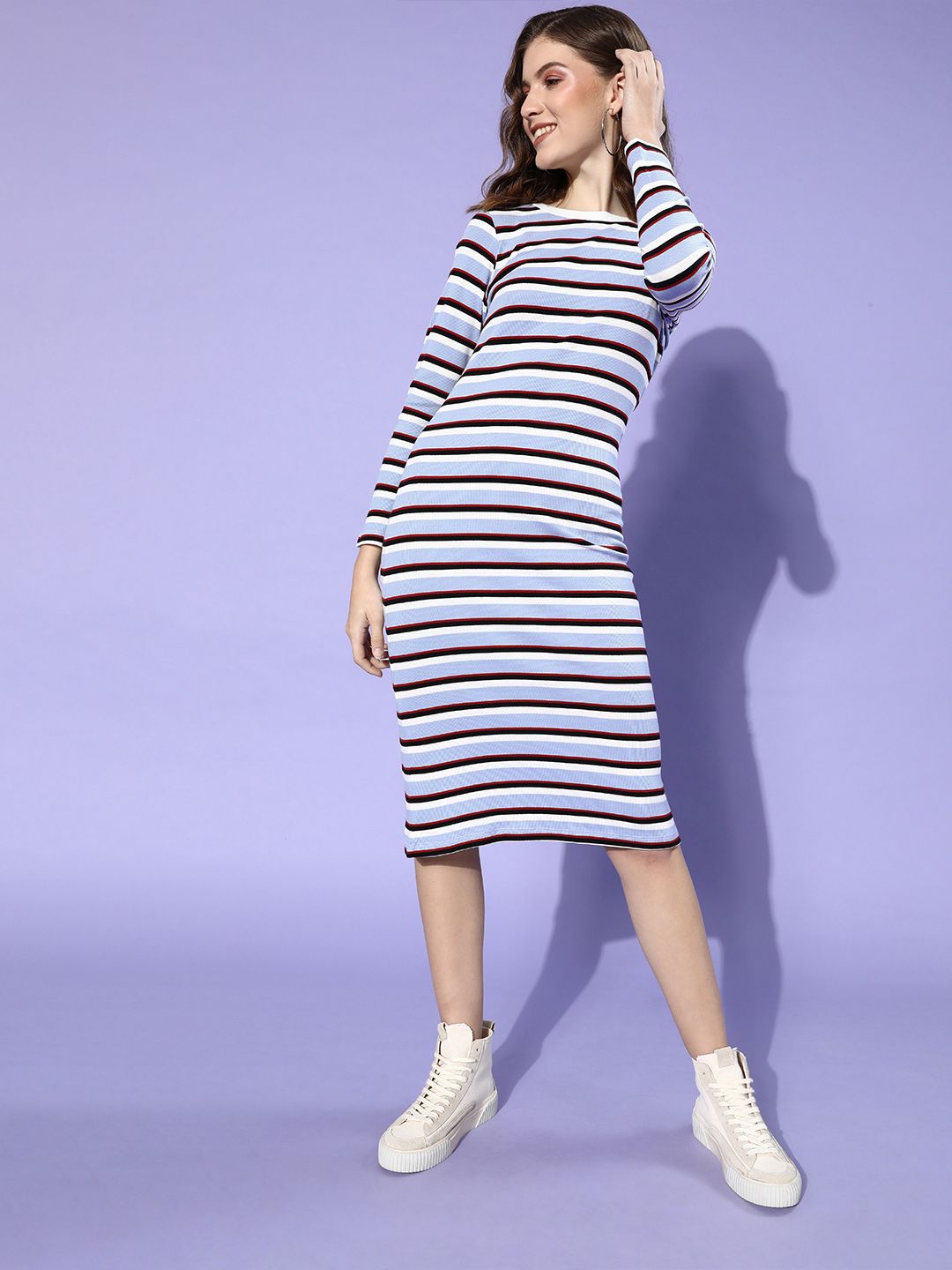 SASSAFRAS Women Stunning Blue Striped Bodycon Dress