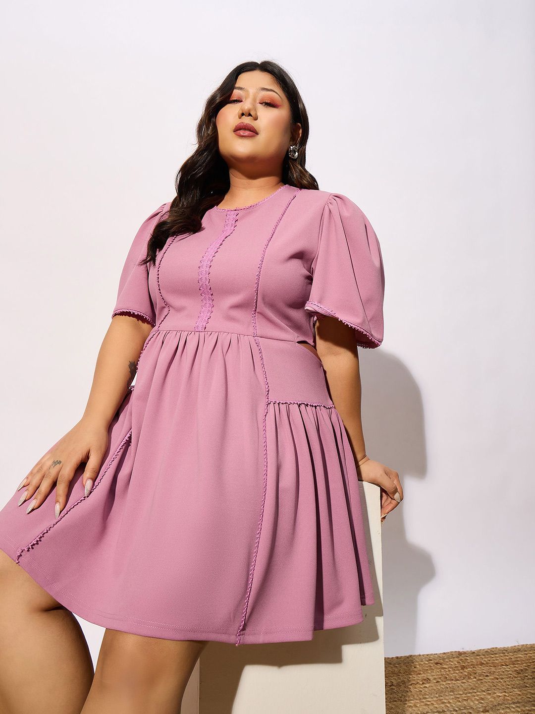 SASSAFRAS Curve Plus Size Pink Round Neck Puff Sleeves Gathered Fit & Flare Dress