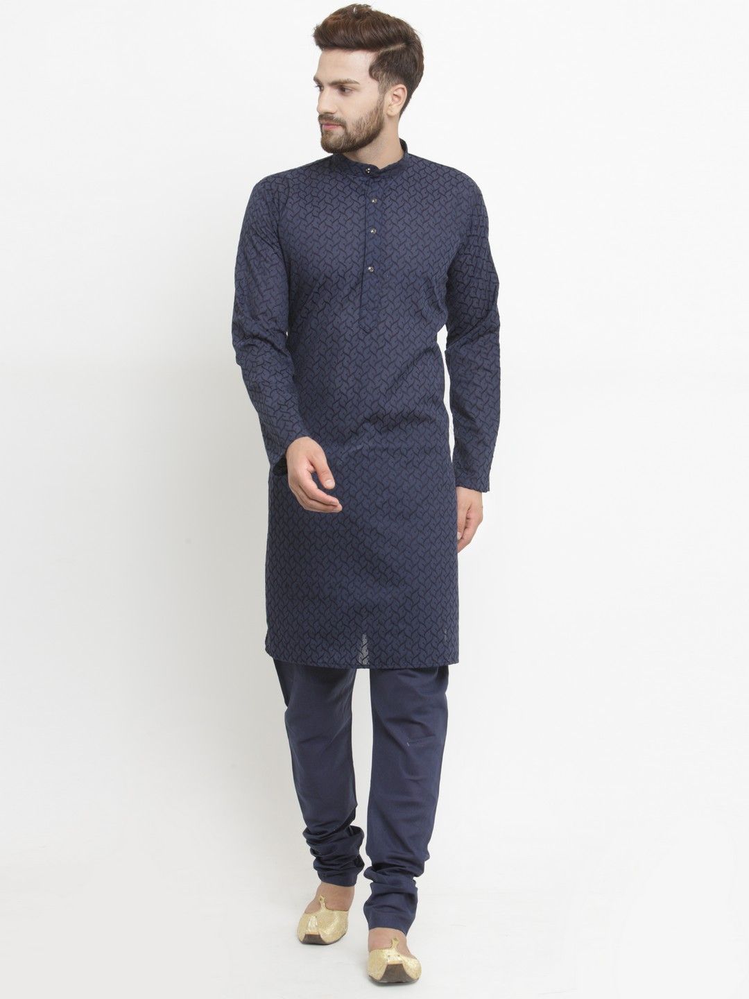 Jompers Men Navy Blue Embroidered  Kurta with Churidar