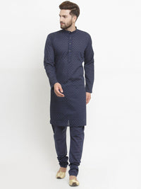 Jompers Men Navy Blue Embroidered  Kurta with Churidar