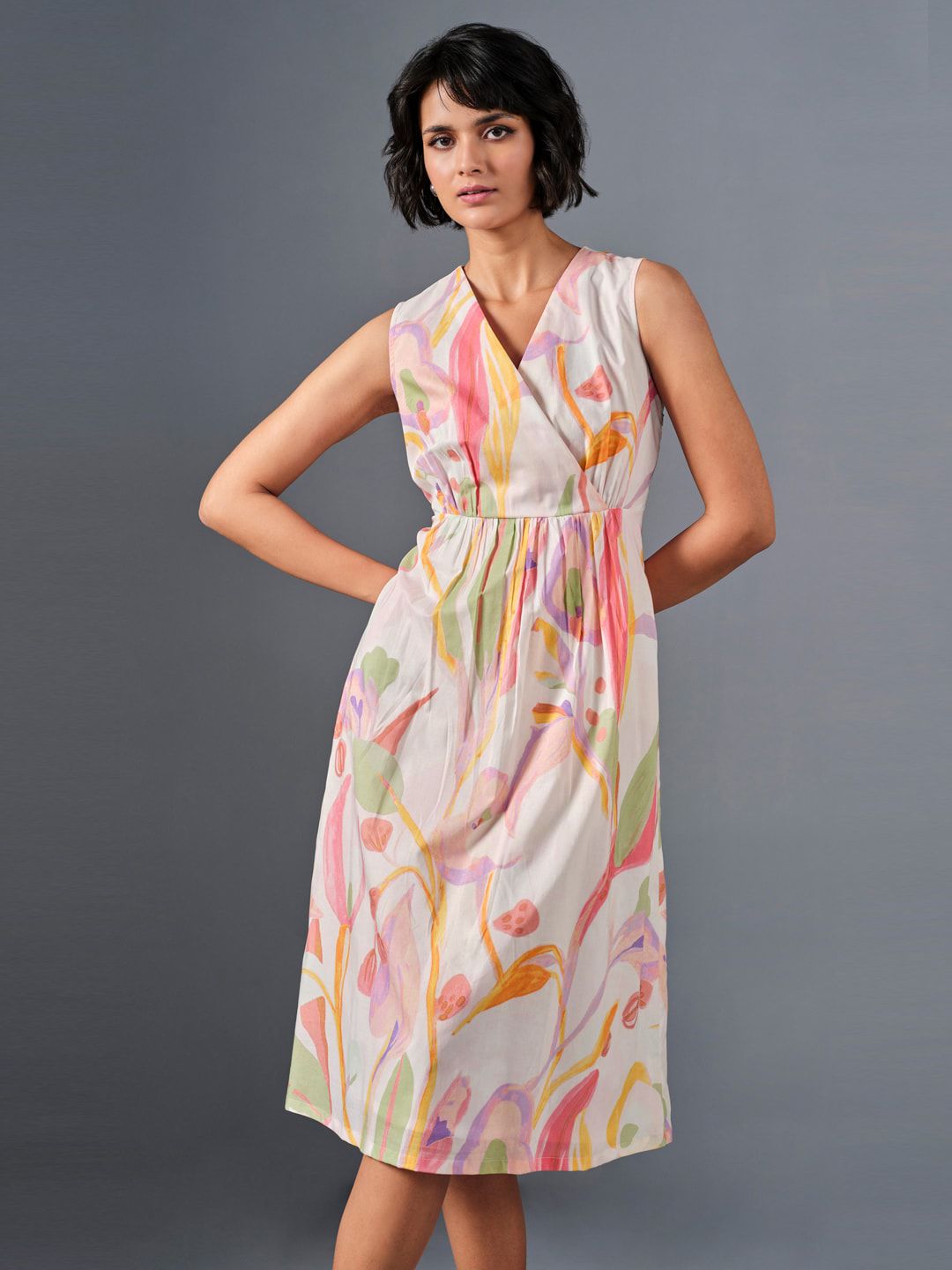 AND Floral Printed V-Neck Gathered Cotton A-Line Dress