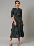 W Geometric Printed Roll-Up Sleeves Midi Dress