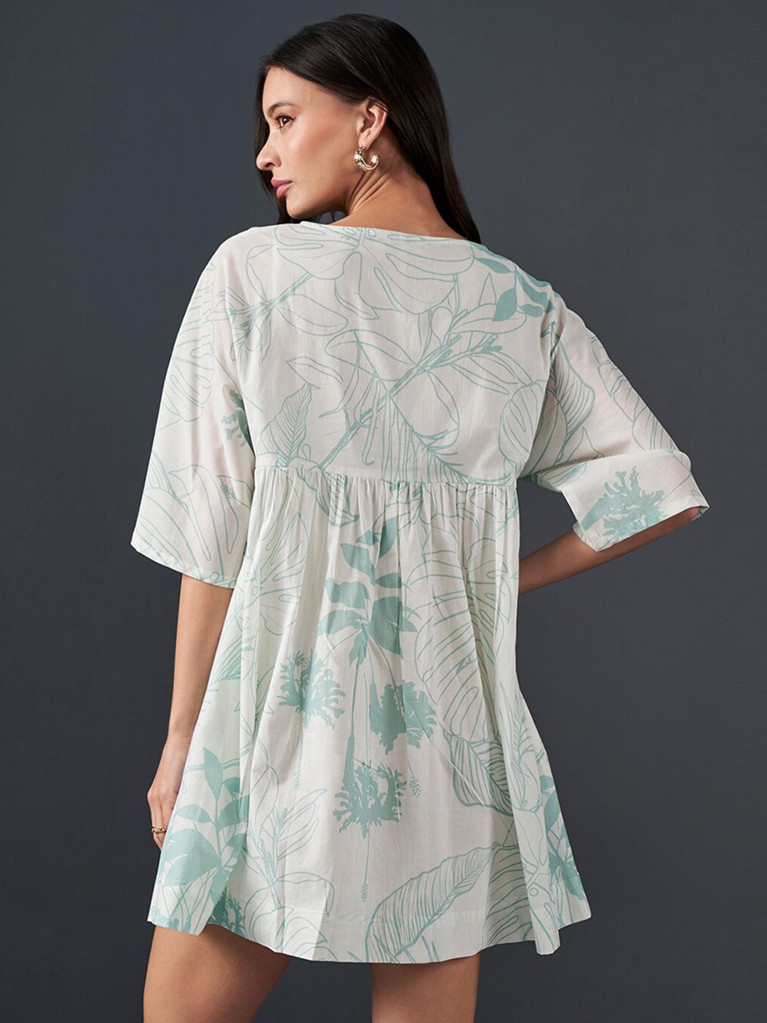 AND Floral Printed Boat Neck Pure Cotton Mini A-Line Dress