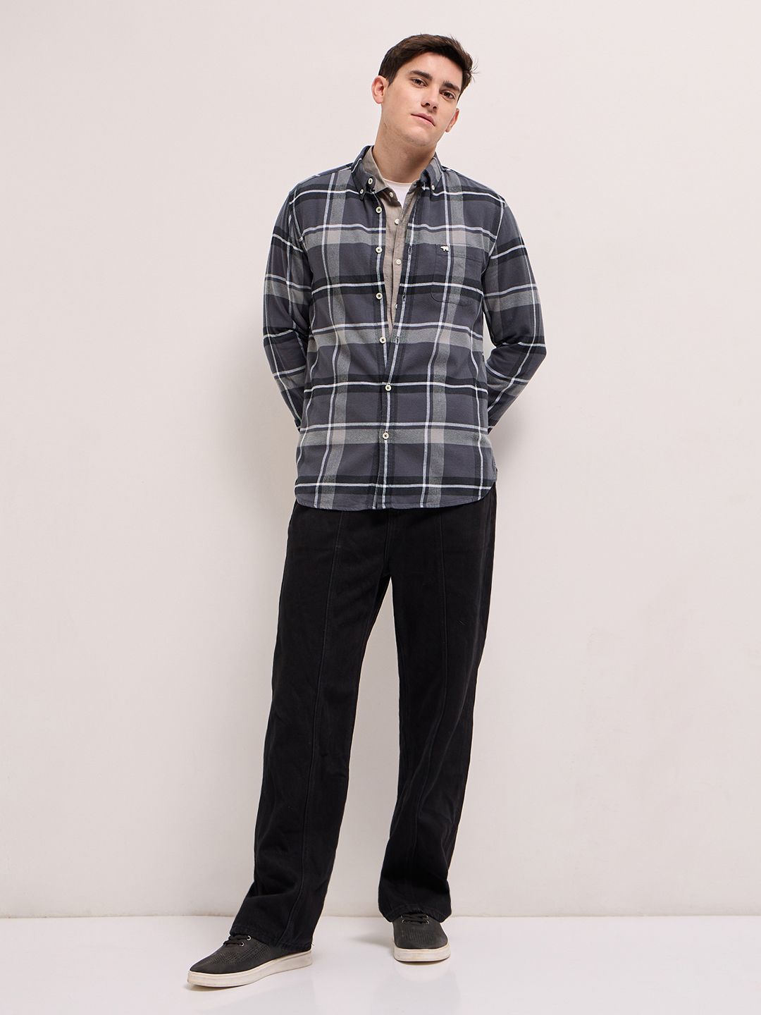 THE BEAR HOUSE Men Grey Flannel Slim Fit Pure Cotton Checked Casual Shirt